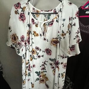 Maurices White Floral Blouse with Burgundy and Yellow Accents